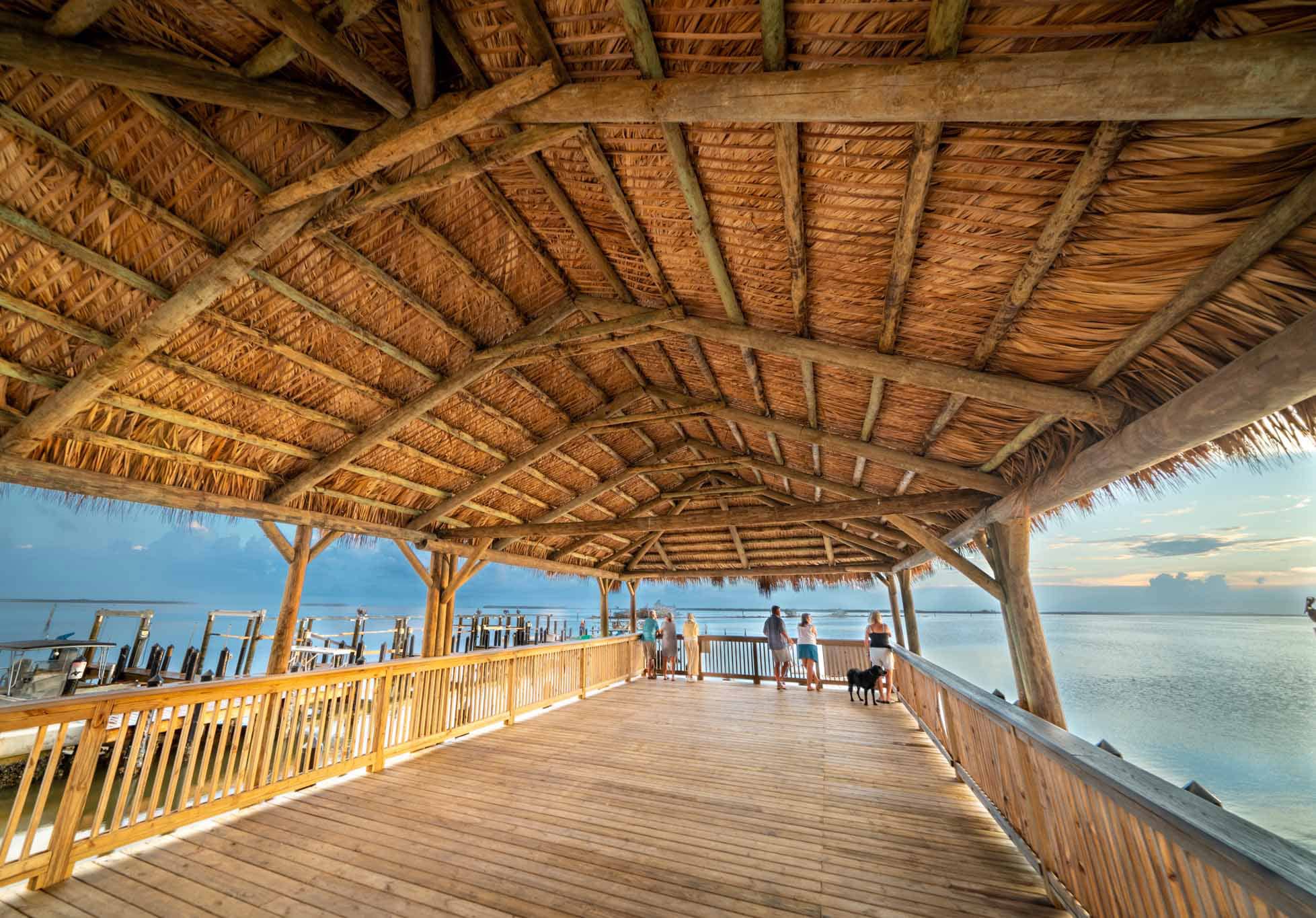 Interior view of a tiki overlooking the water